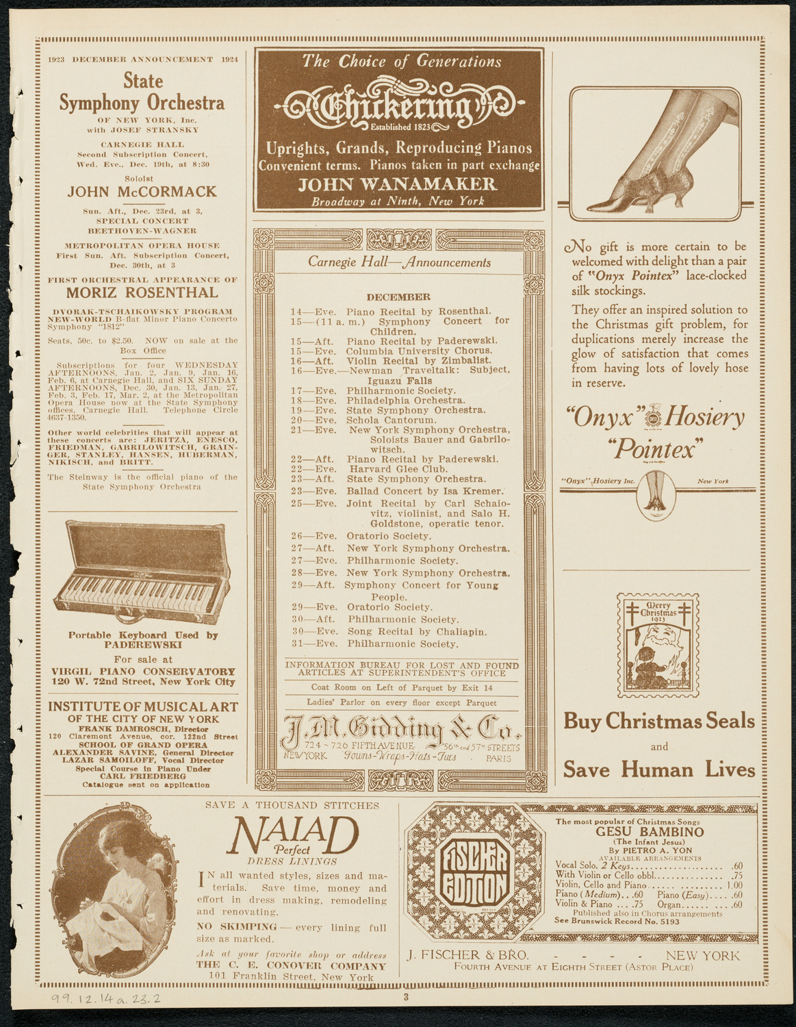 New York Philharmonic, December 14, 1923, program page 3