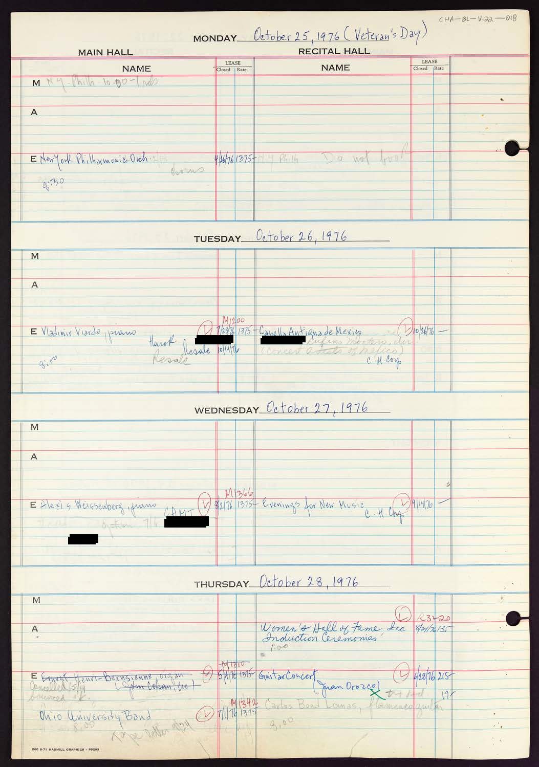 Carnegie Hall Booking Ledger, volume 22, page 18