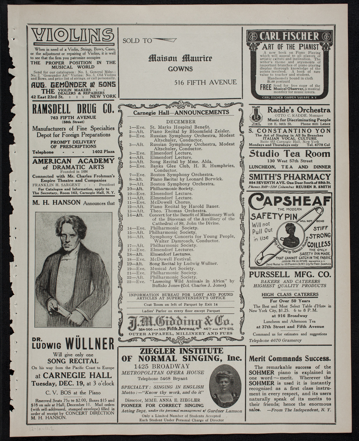 New York Philharmonic, December 1, 1911, program page 3