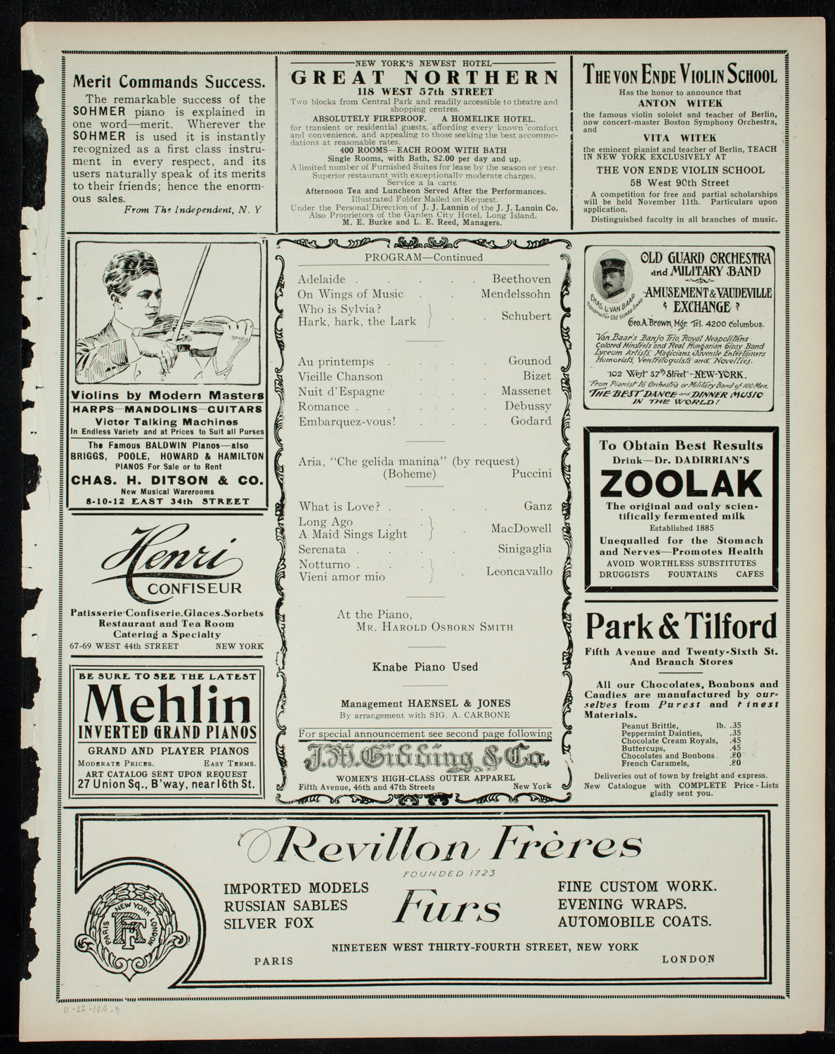 Alessandro Bonci, Tenor, November 22, 1910, program page 7