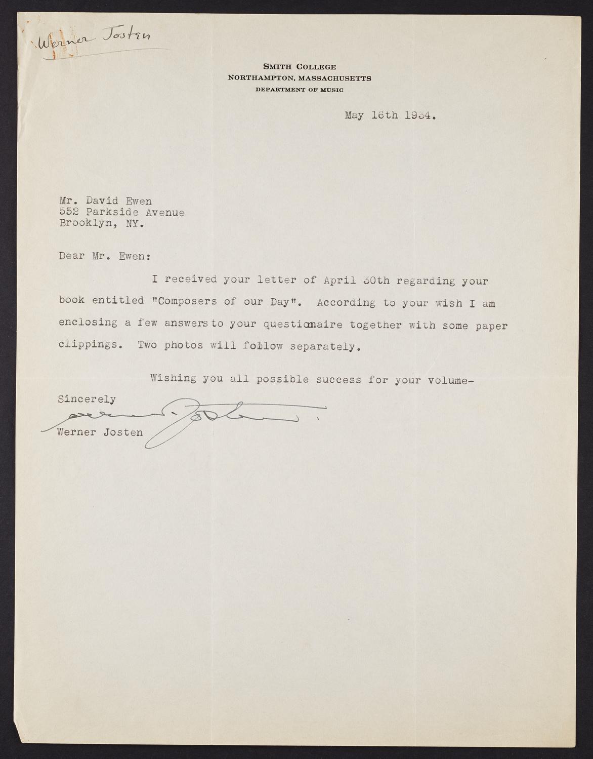 Correspondence from Werner Josten to David Ewen