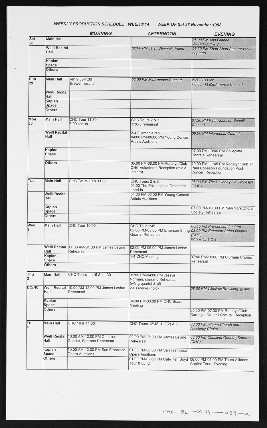 Carnegie Hall Booking Ledger, volume 44, page 29a