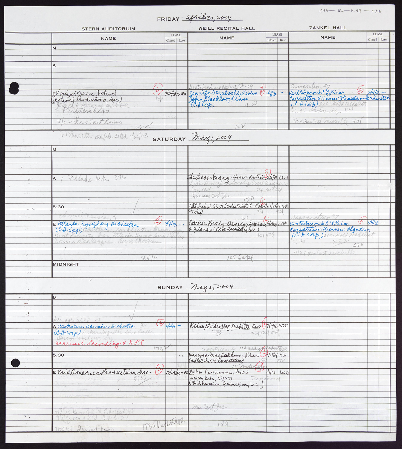 Carnegie Hall Booking Ledger, volume 49, page 73