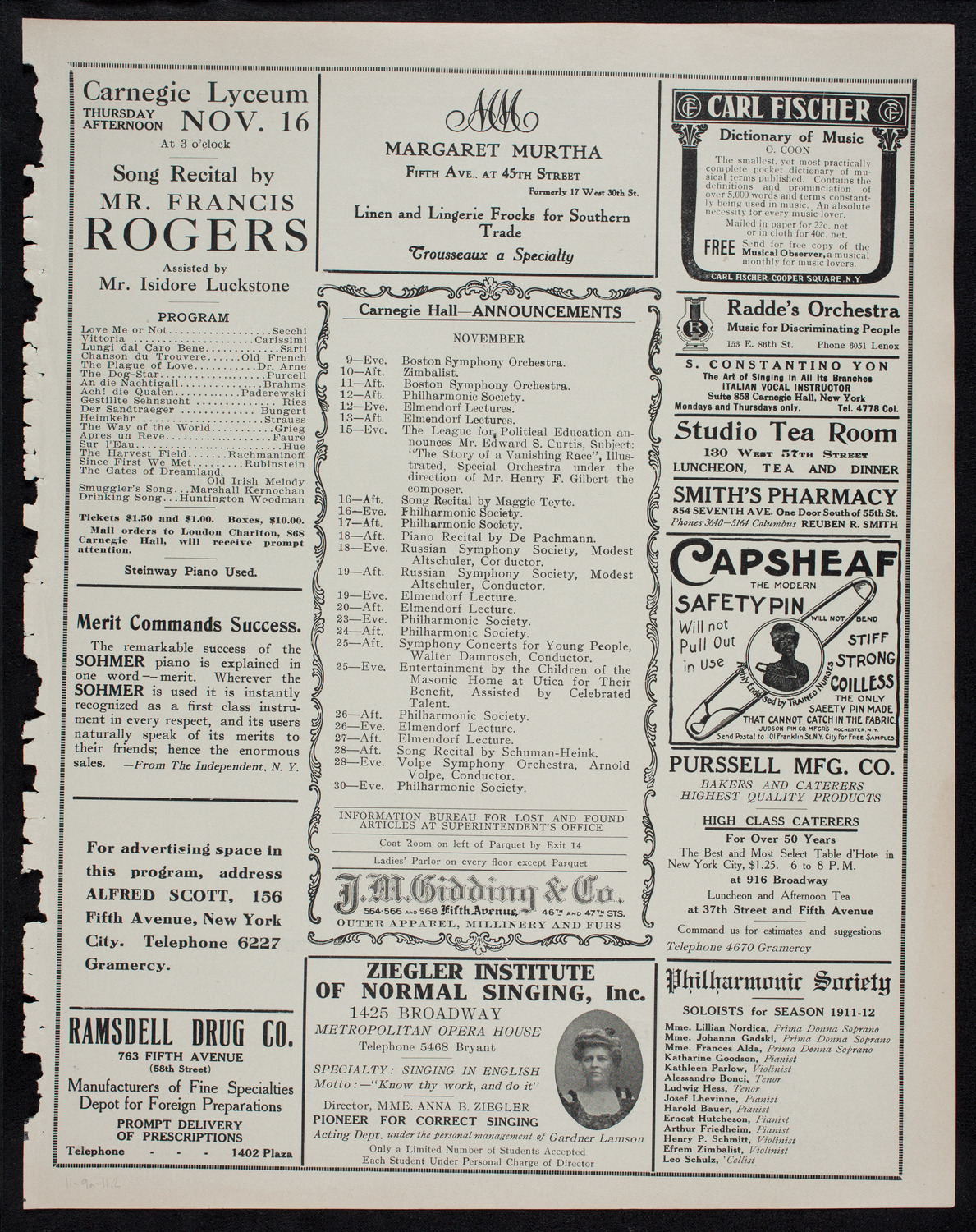 Alma Gluck, Soprano, November 9, 1911, program page 3