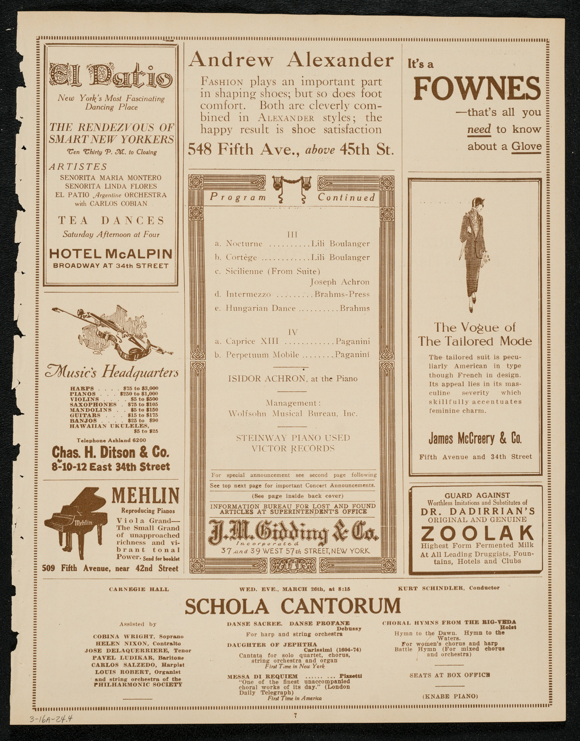 Jascha Heifetz, Violin, March 16, 1924, program page 7