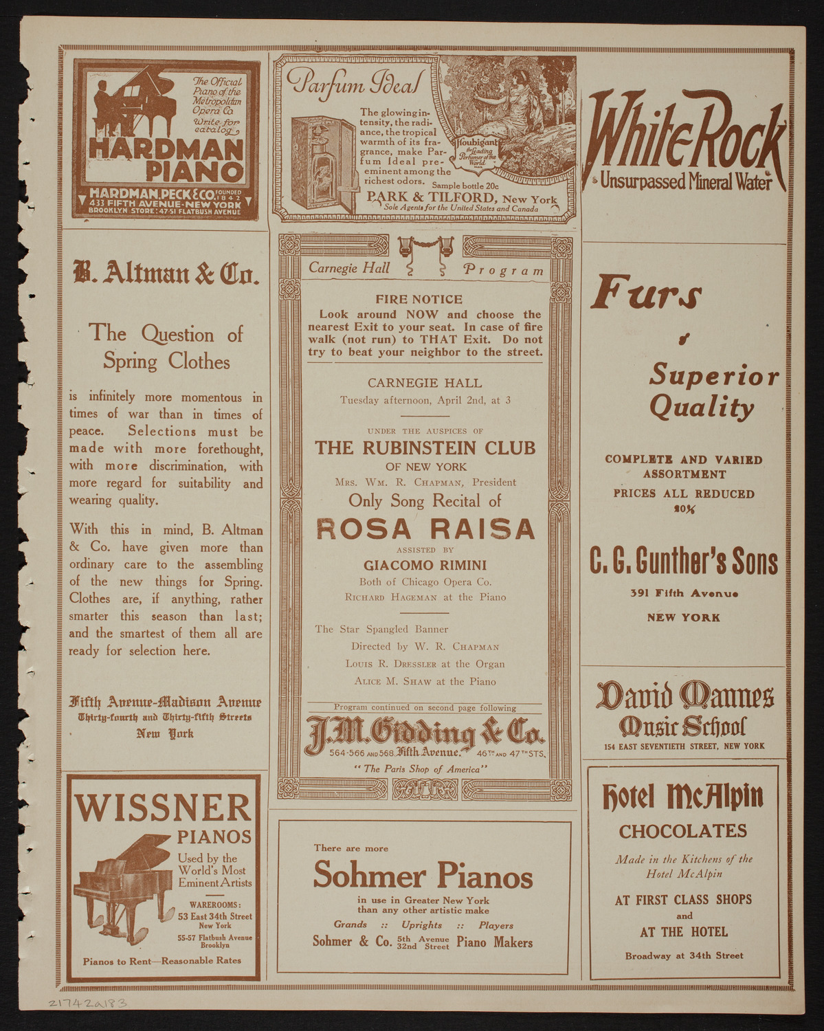 Rosa Raisa, Soprano, April 2, 1918, program page 5