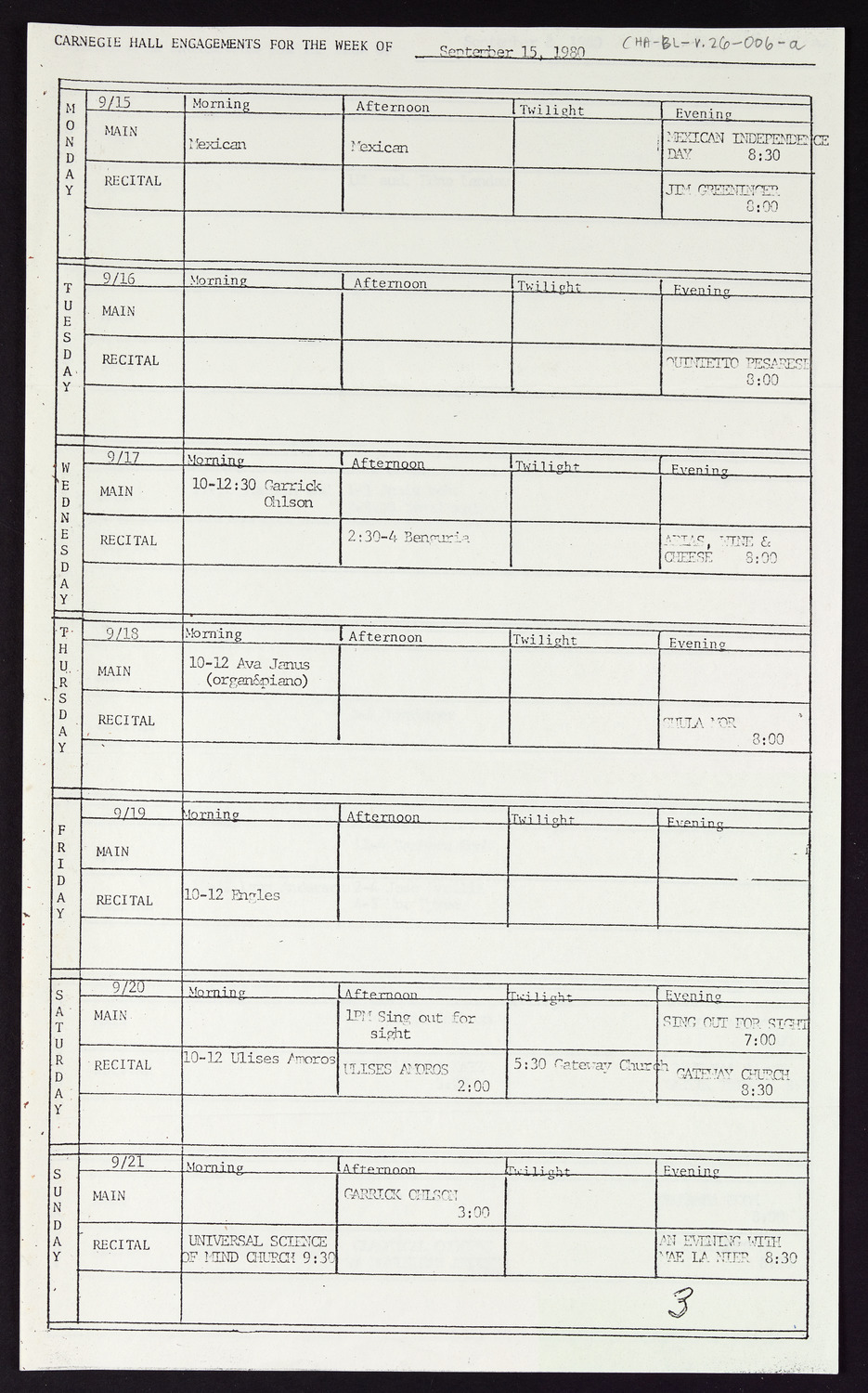 Carnegie Hall Booking Ledger, volume 26, page 6a