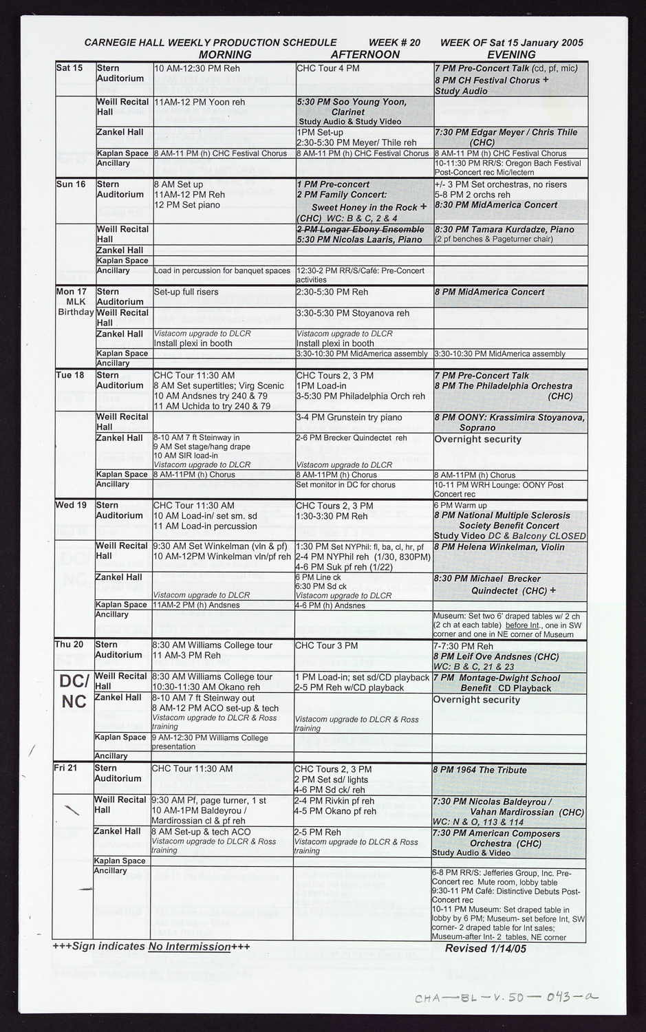 Carnegie Hall Booking Ledger, volume 50, page 43a