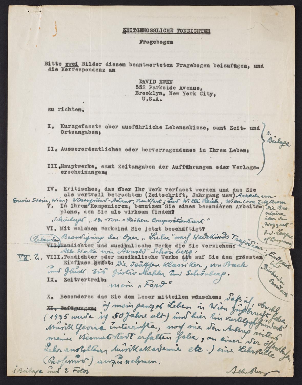 Correspondence from Alban Berg to David Ewen, page 3 of 3