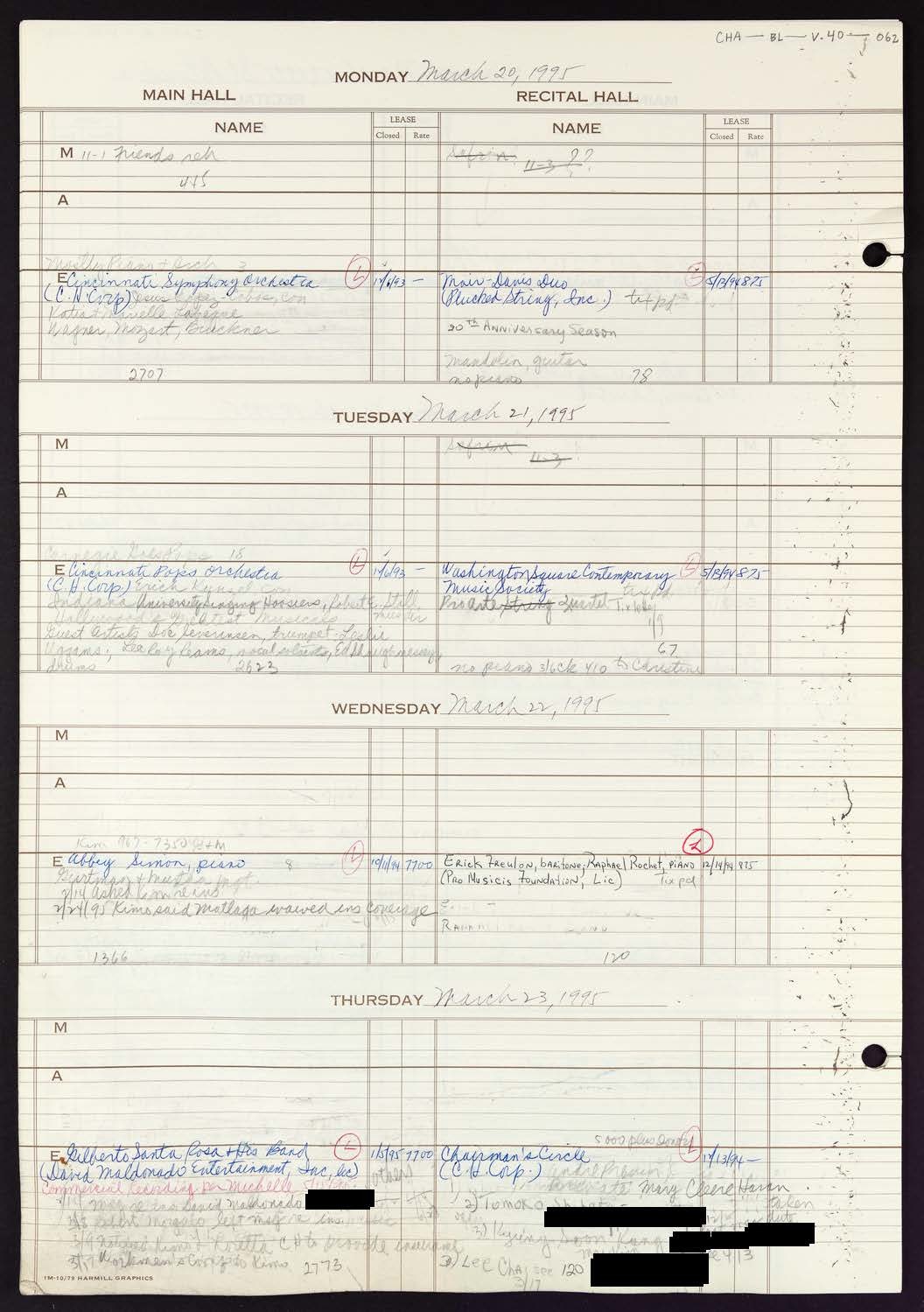 Carnegie Hall Booking Ledger, volume 40, page 62