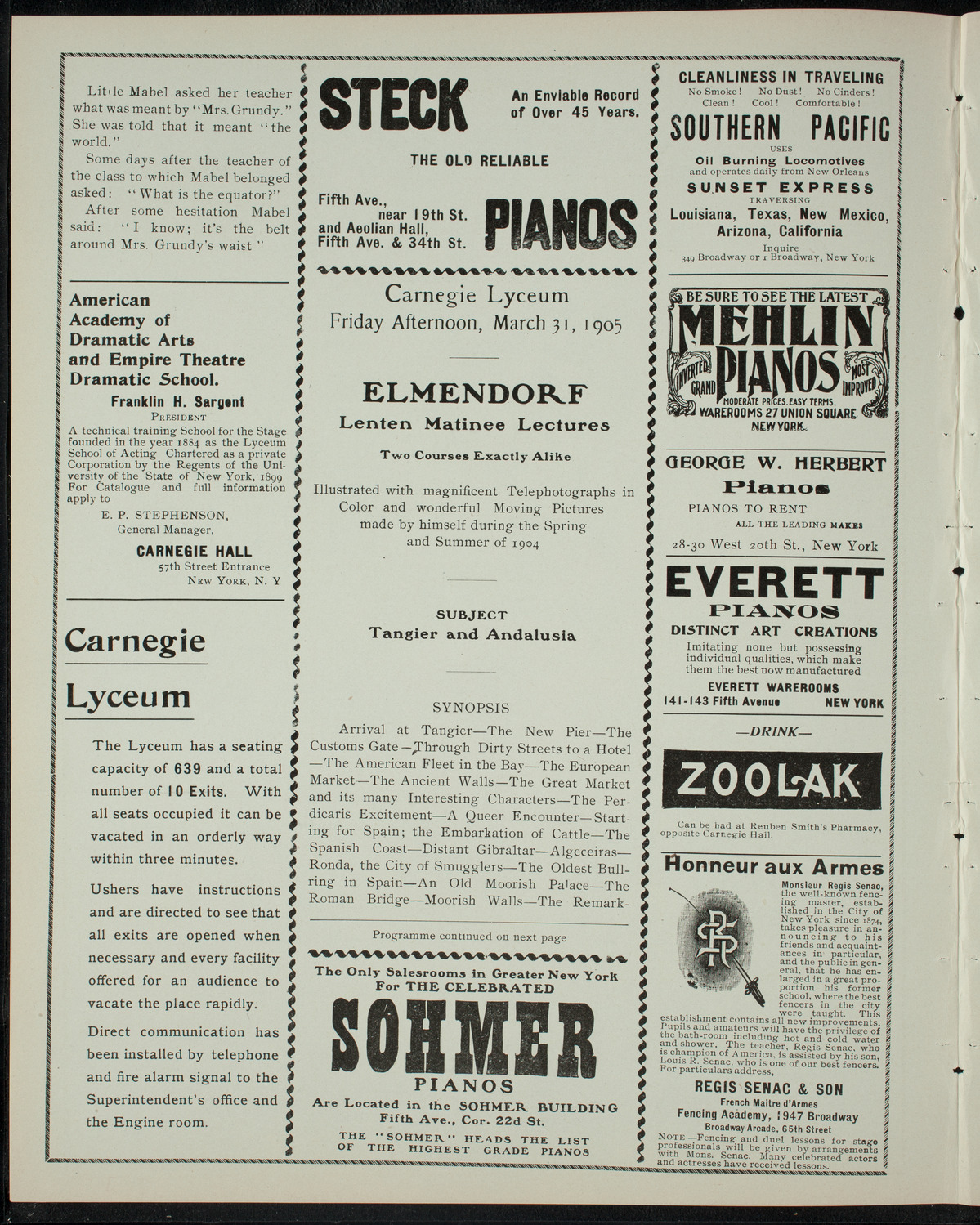 Elmendorf Lecture: Tangier and Andalusia, March 31, 1905, program page 2