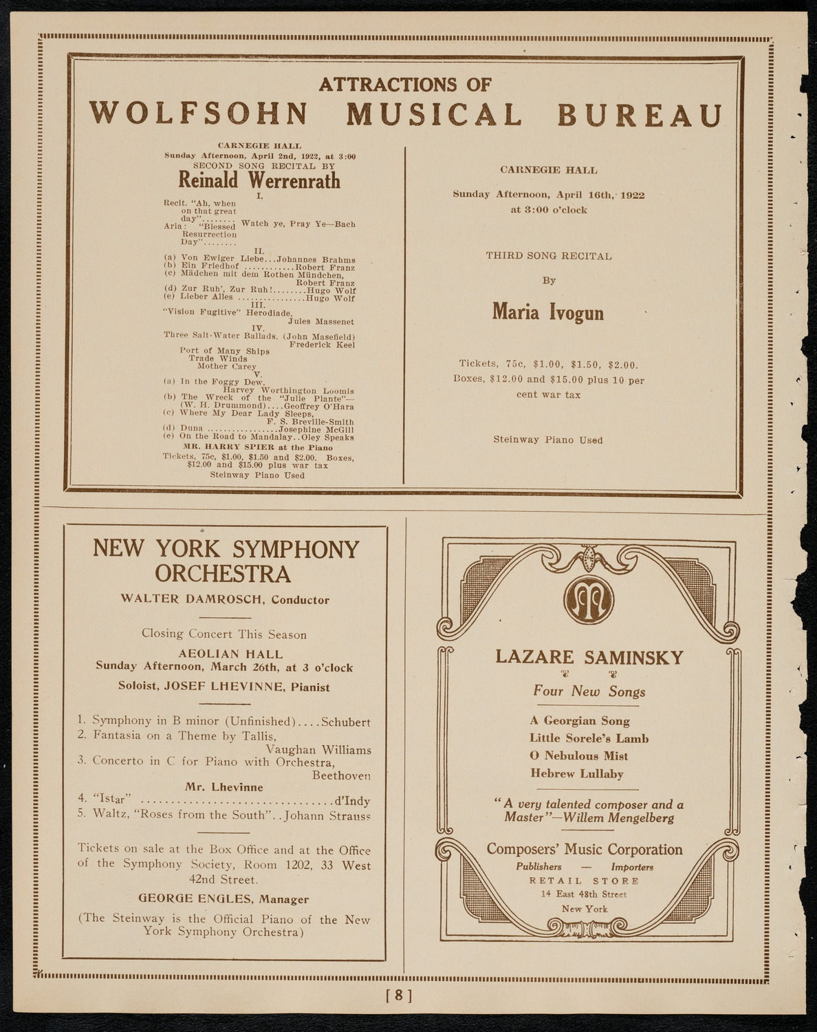New York Symphony Orchestra, March 24, 1922, program page 8