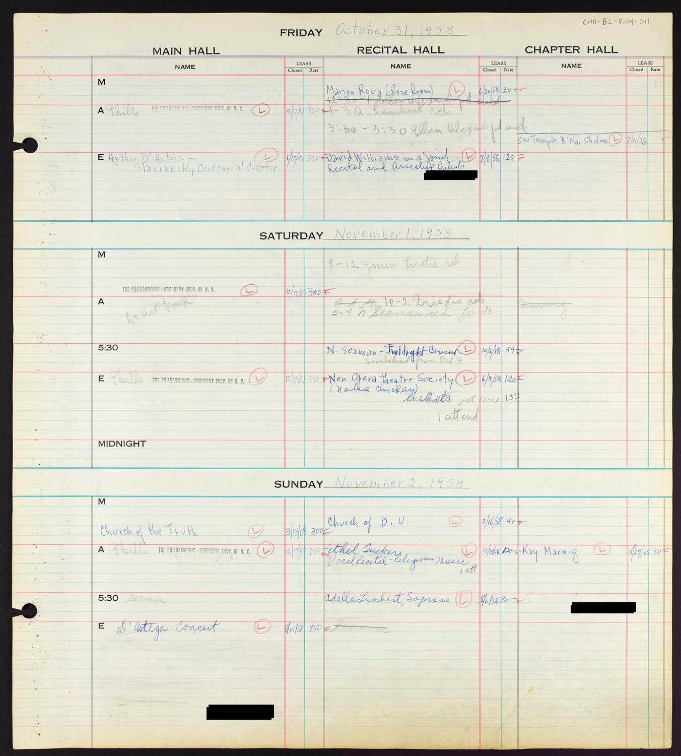 Carnegie Hall Booking Ledger, volume 4, page 11