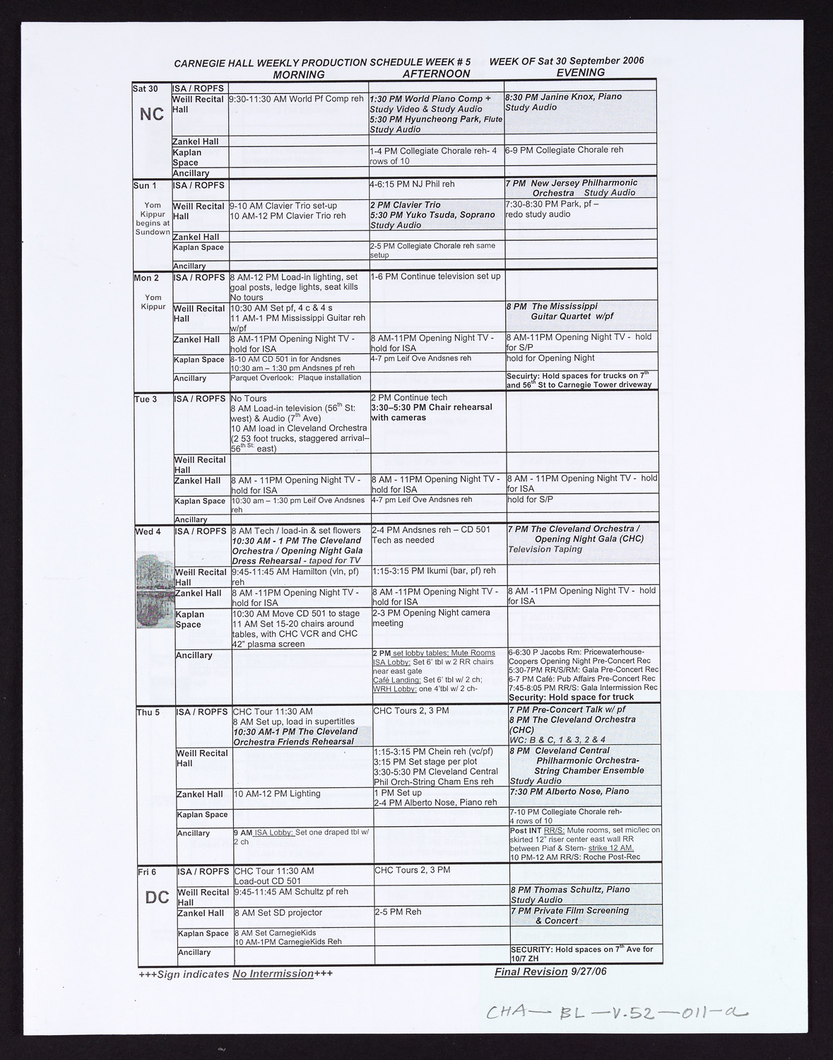 Carnegie Hall Booking Ledger, volume 52, page 11a