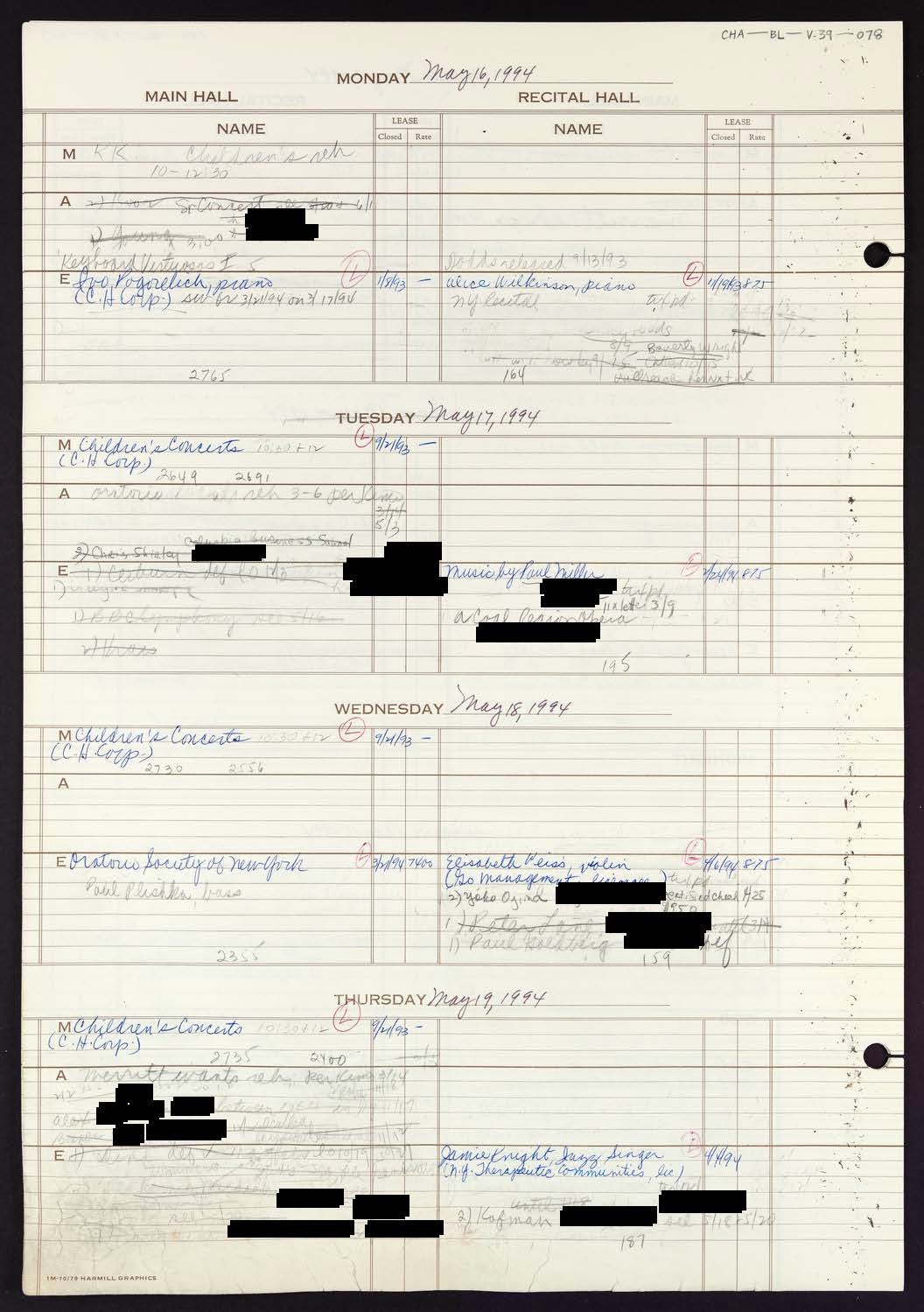 Carnegie Hall Booking Ledger, volume 39, page 78