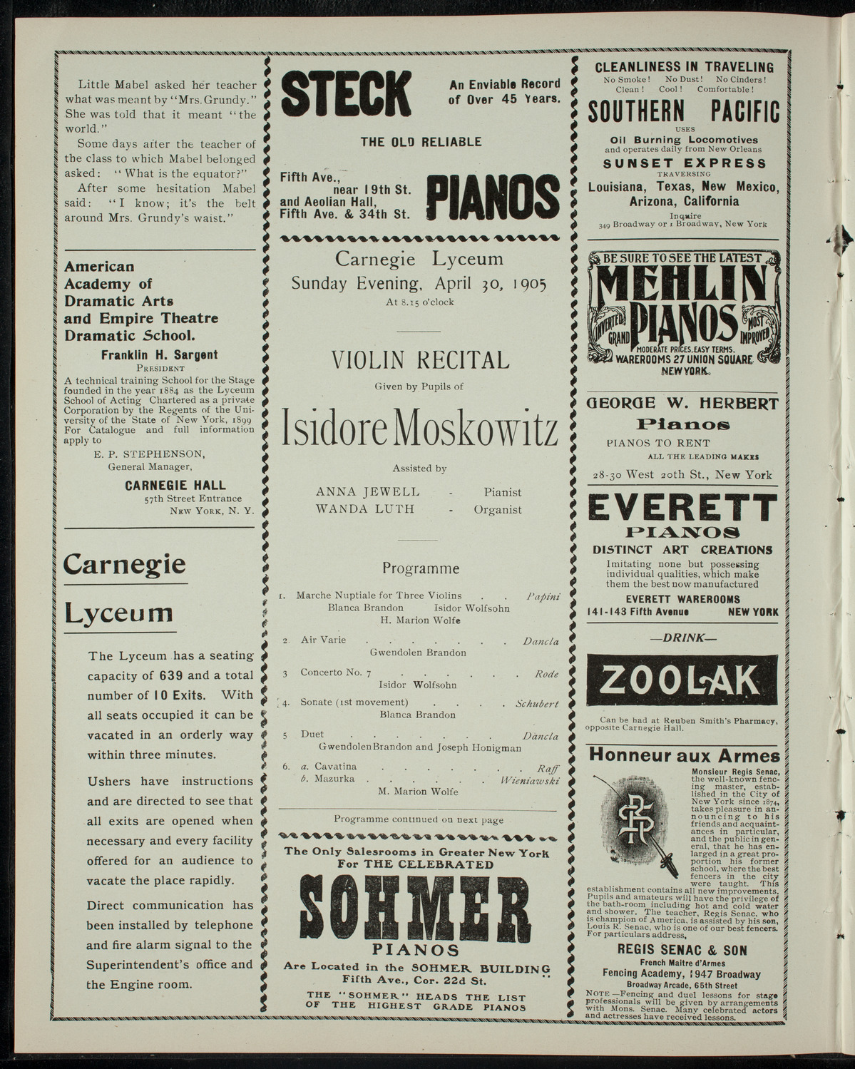 Violin Recital by Pupils of Isidore Moskowitz, April 30, 1905, program page 2