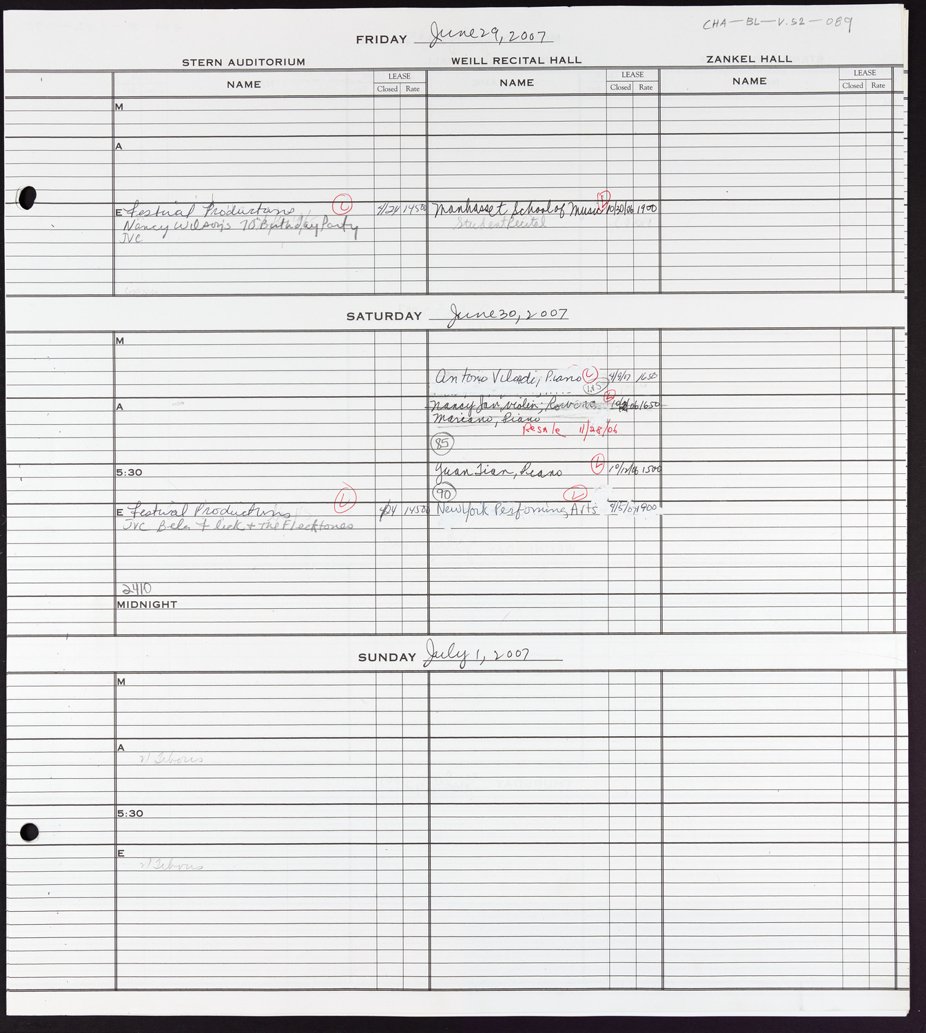 Carnegie Hall Booking Ledger, volume 52, page 89