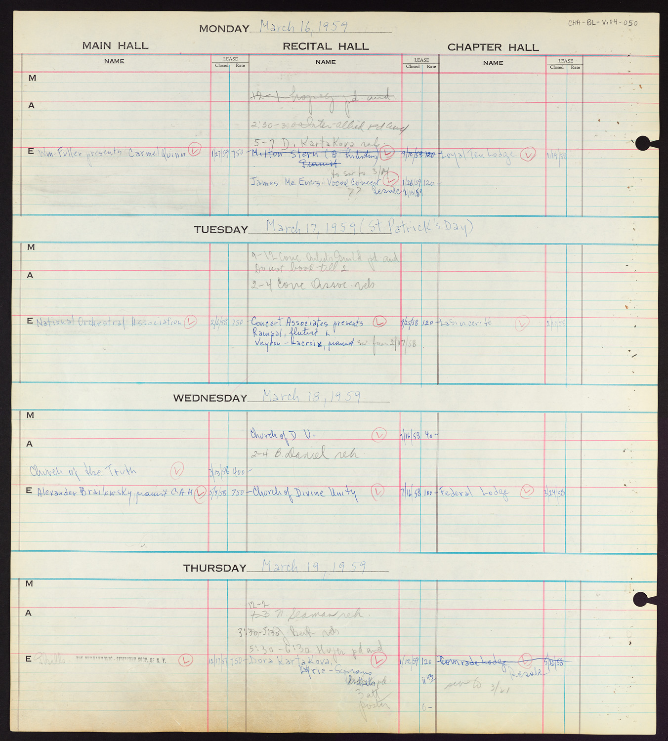 Carnegie Hall Booking Ledger, volume 4, page 50