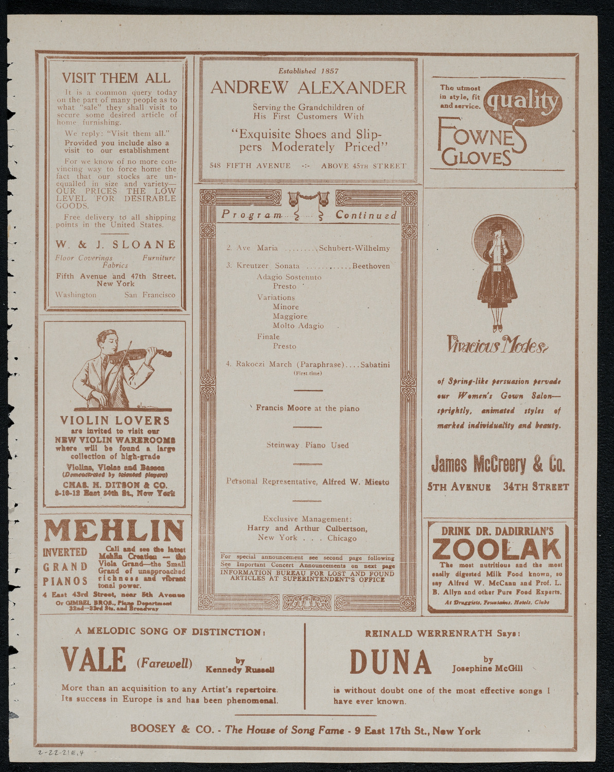 Carlo Sabatini, Violin, February 22, 1921, program page 7