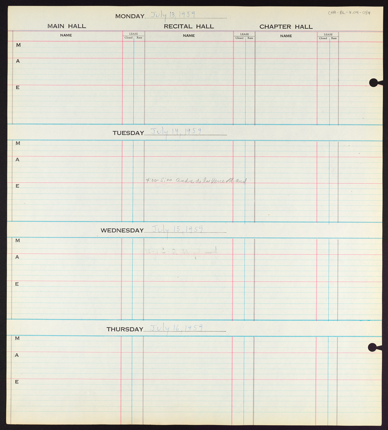 Carnegie Hall Booking Ledger, volume 4, page 84