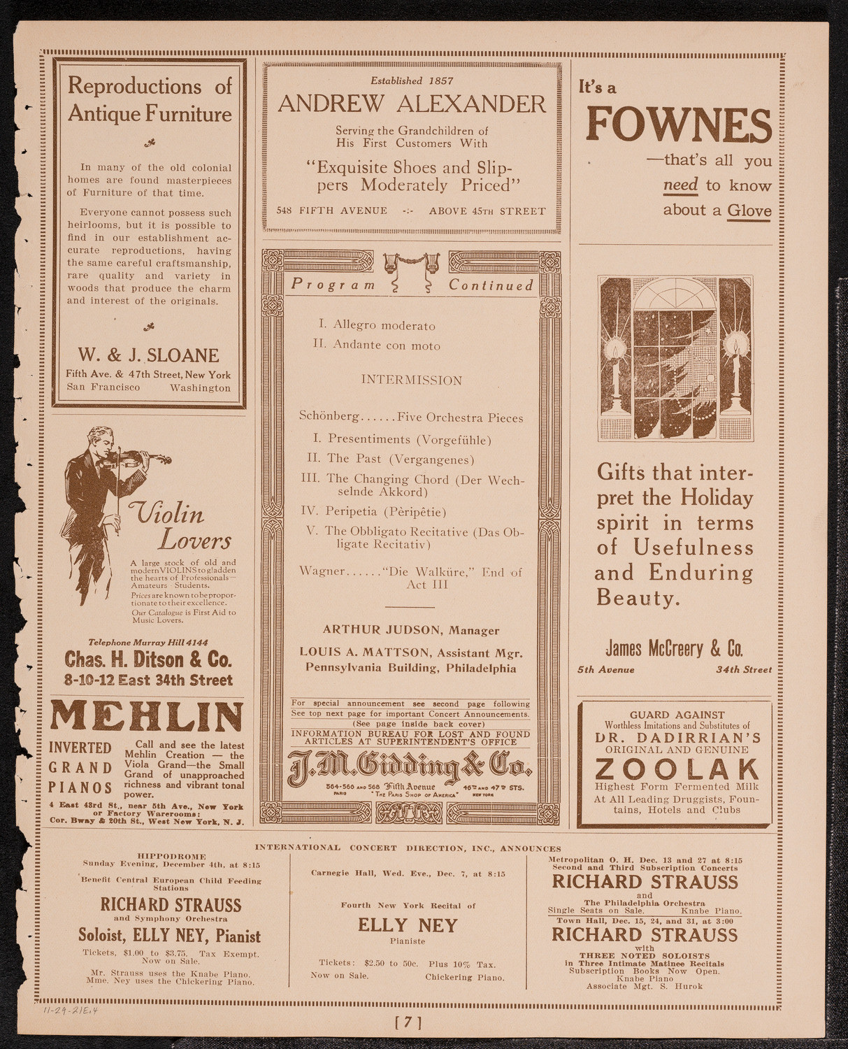 Philadelphia Orchestra, November 29, 1921, program page 7