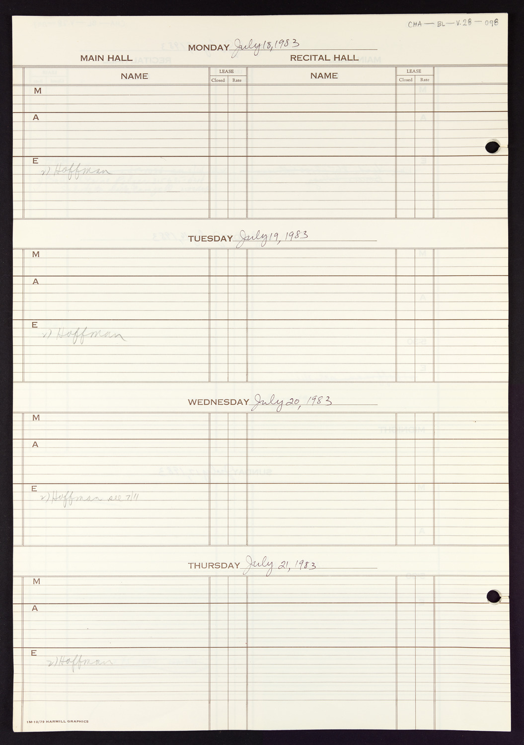 Carnegie Hall Booking Ledger, volume 28, page 98