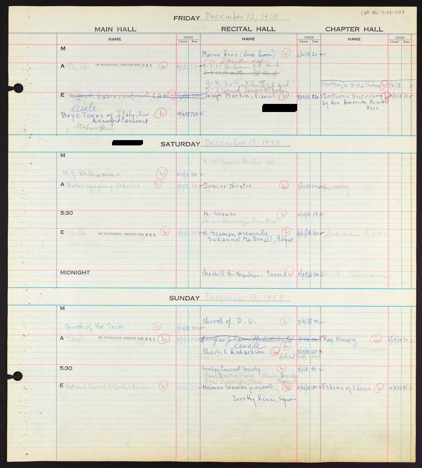 Carnegie Hall Booking Ledger, volume 4, page 23