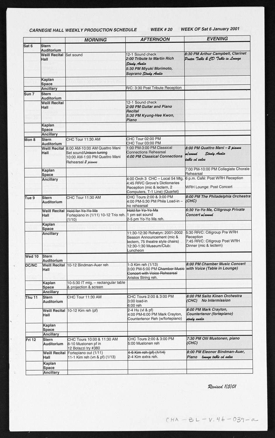 Carnegie Hall Booking Ledger, volume 46, page 39a