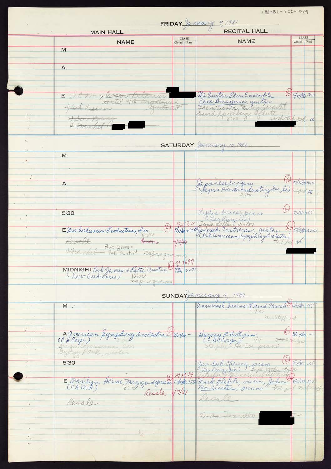 Carnegie Hall Booking Ledger, volume 26, page 39