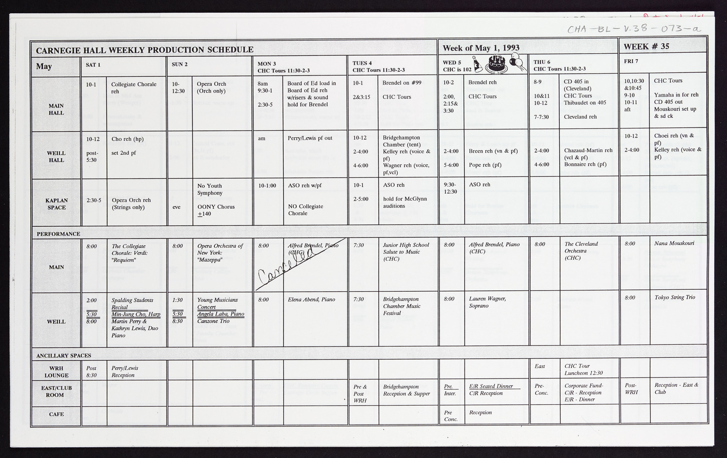 Carnegie Hall Booking Ledger, volume 38, page 73a