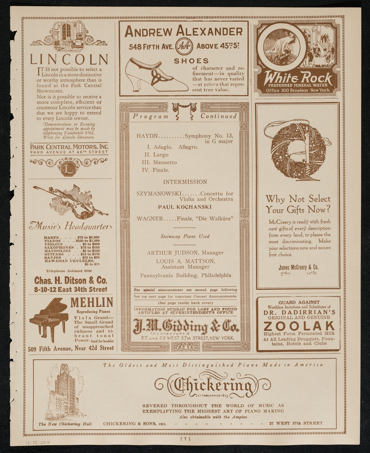 Philadelphia Orchestra, December 2, 1924, program page 7