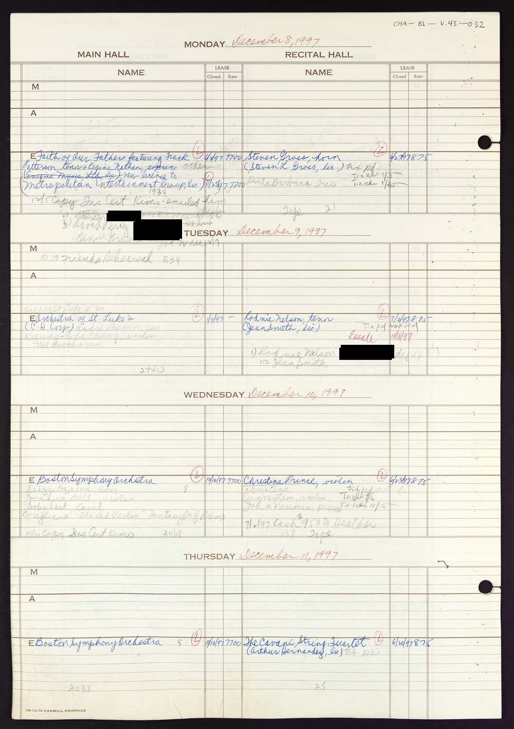 Carnegie Hall Booking Ledger, volume 43, page 32