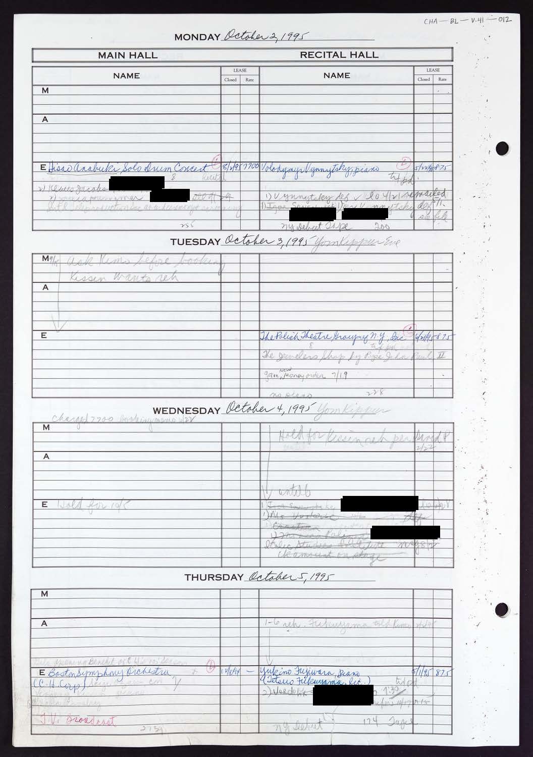 Carnegie Hall Booking Ledger, volume 41, page 12