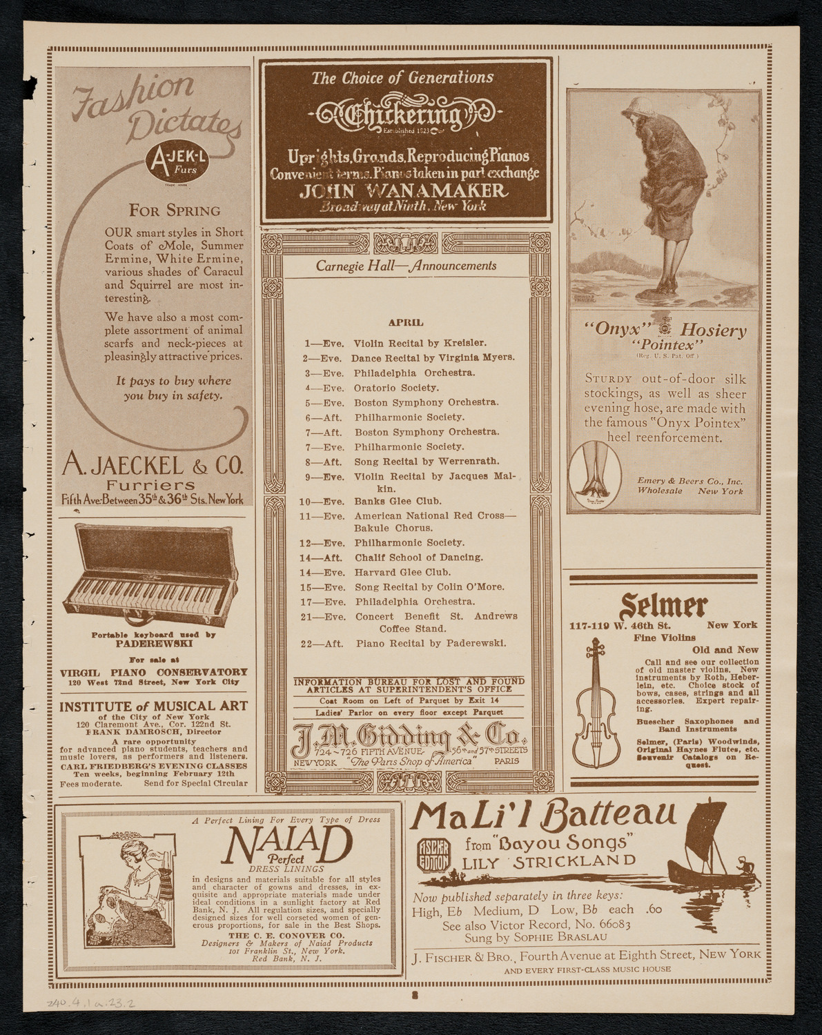 Jascha Heifetz, Violin, April 1, 1923, program page 3