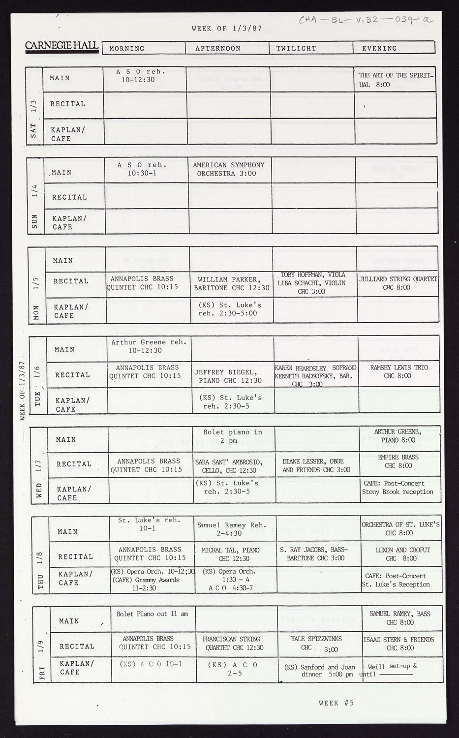 Carnegie Hall Booking Ledger, volume 32, page 39a