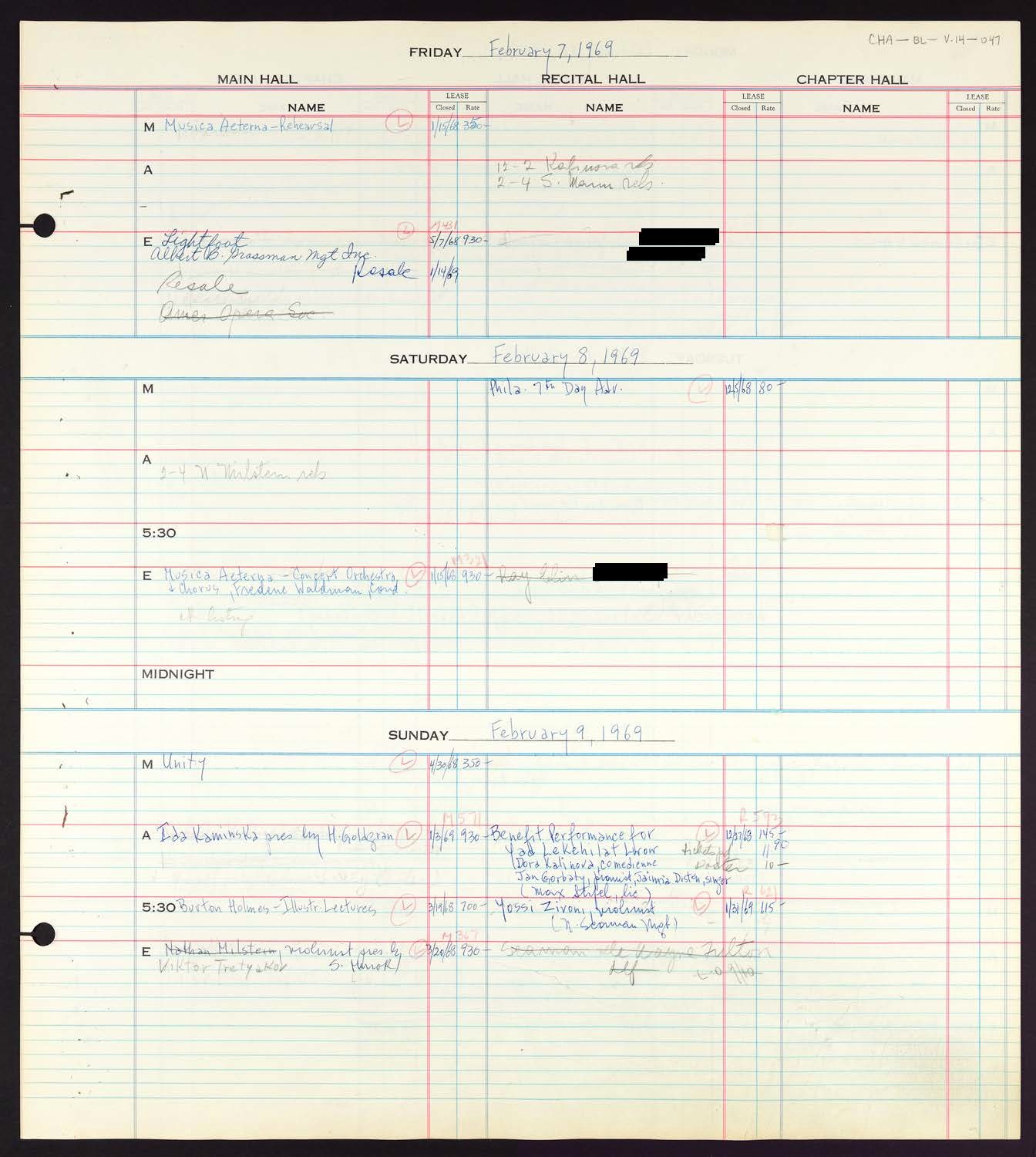 Carnegie Hall Booking Ledger, volume 14, page 47