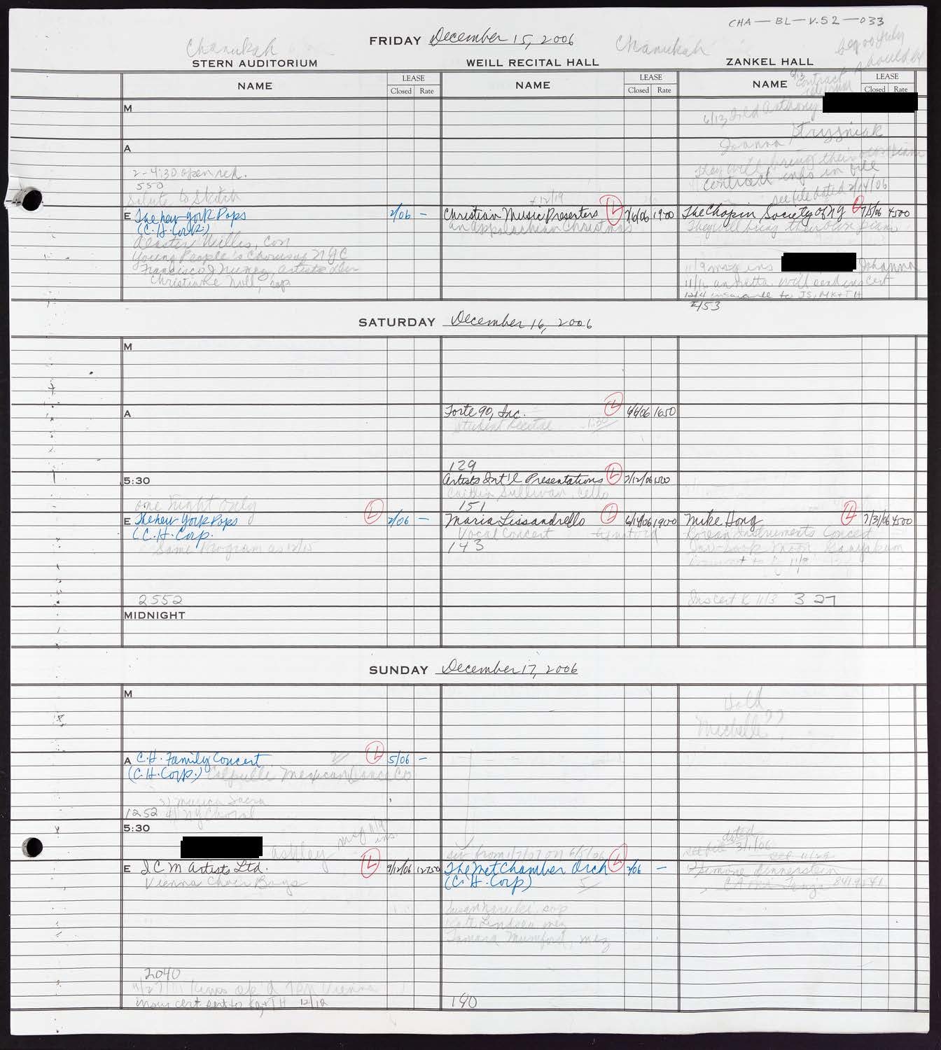 Carnegie Hall Booking Ledger, volume 52, page 33