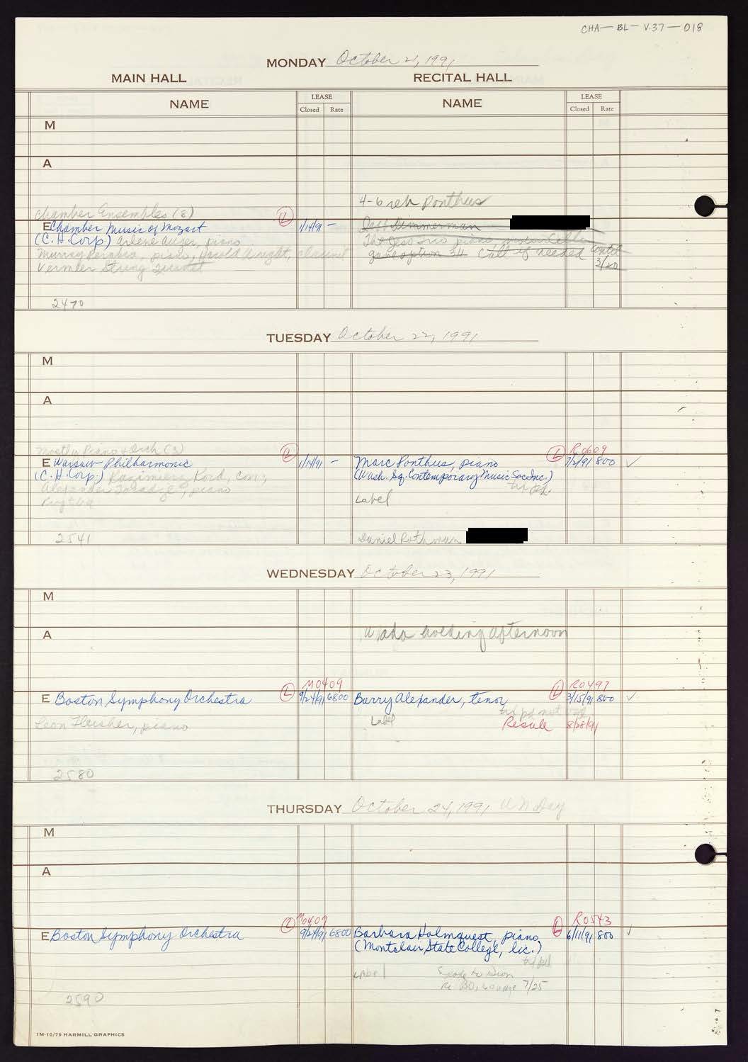 Carnegie Hall Booking Ledger, volume 37, page 18