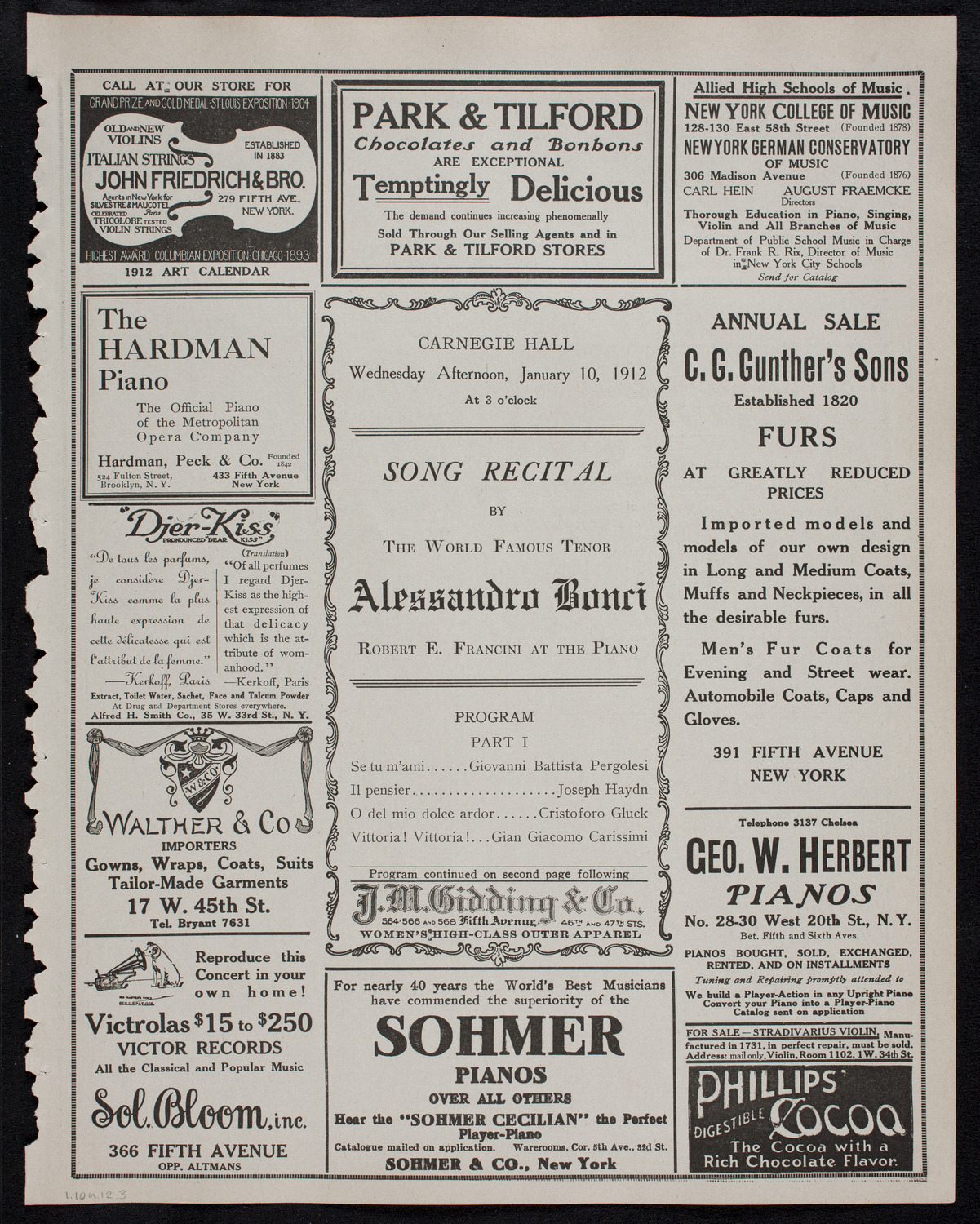 Alessandro Bonci, Tenor, January 10, 1912, program page 5