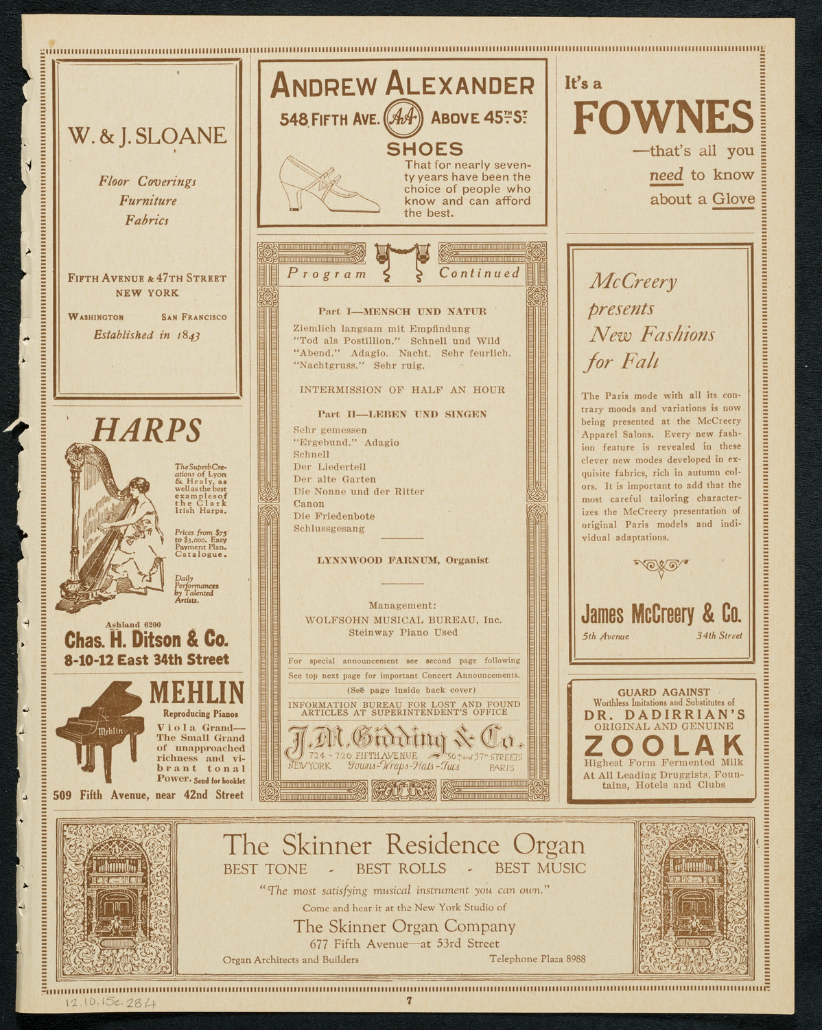 Society of the Friends of Music, October 15, 1923, program page 7