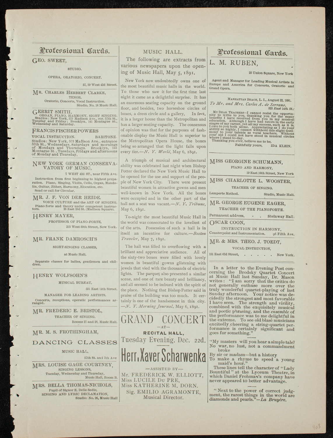 Damrosch Sunday Concert, December 20, 1891, program page 11