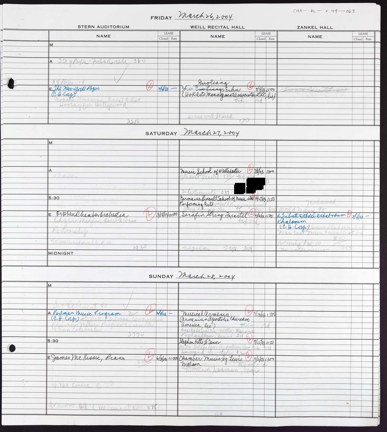 Carnegie Hall Booking Ledger, volume 49, page 63