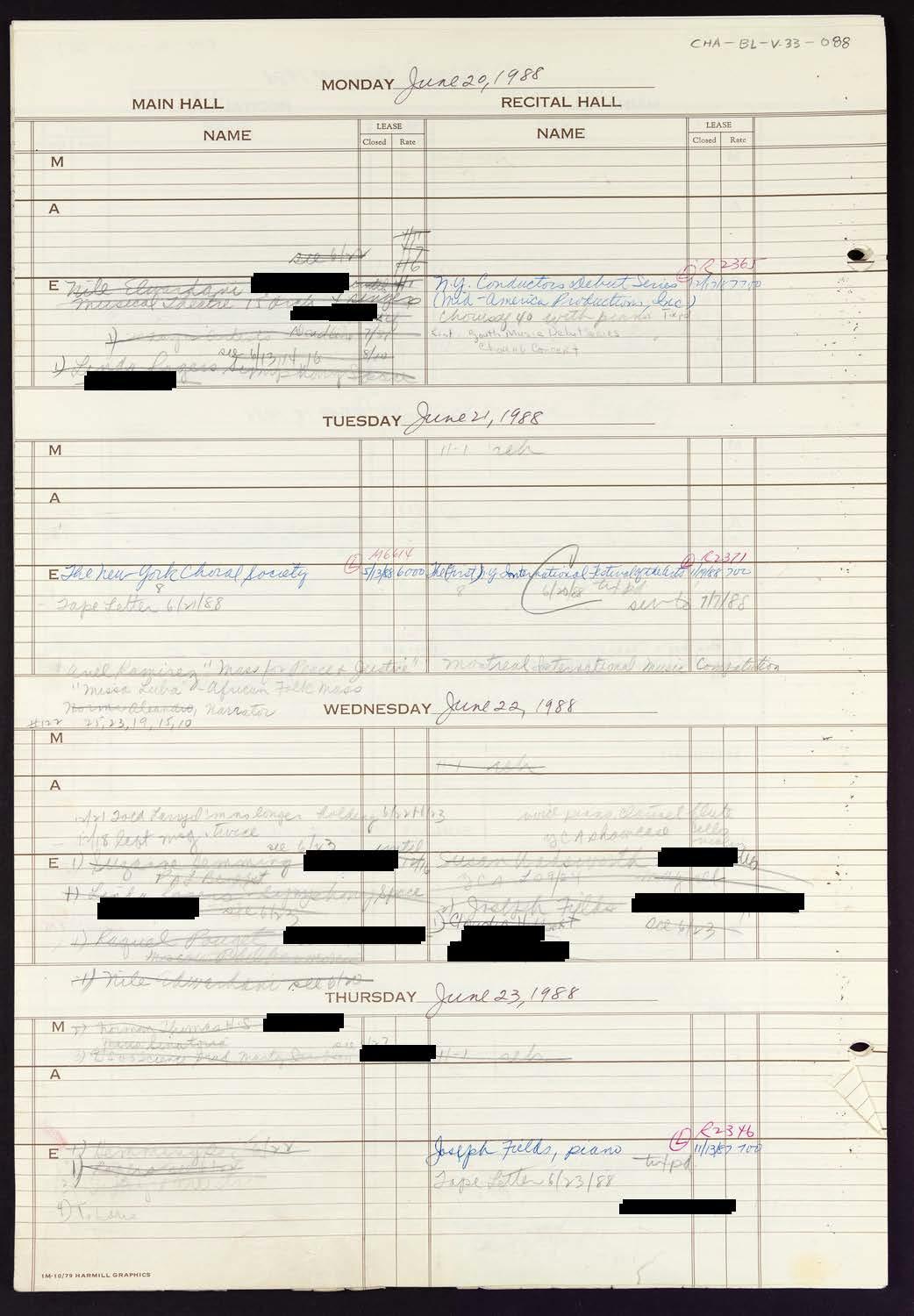 Carnegie Hall Booking Ledger, volume 33, page 88