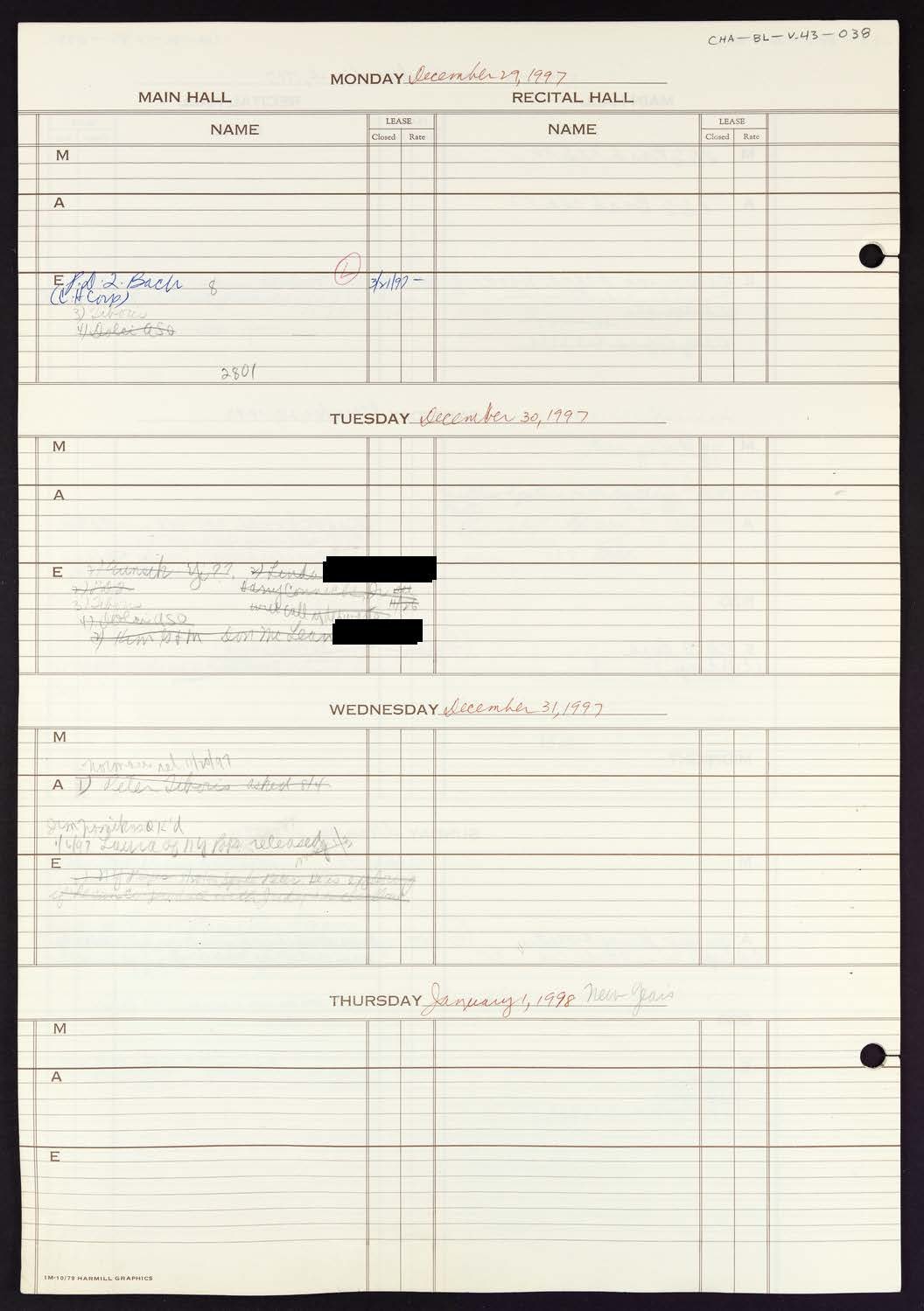 Carnegie Hall Booking Ledger, volume 43, page 38