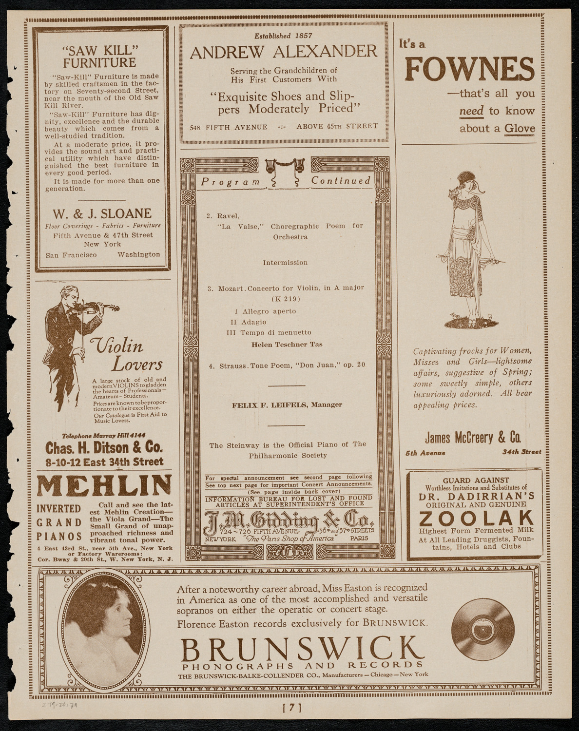 New York Philharmonic, February 19, 1922, program page 7