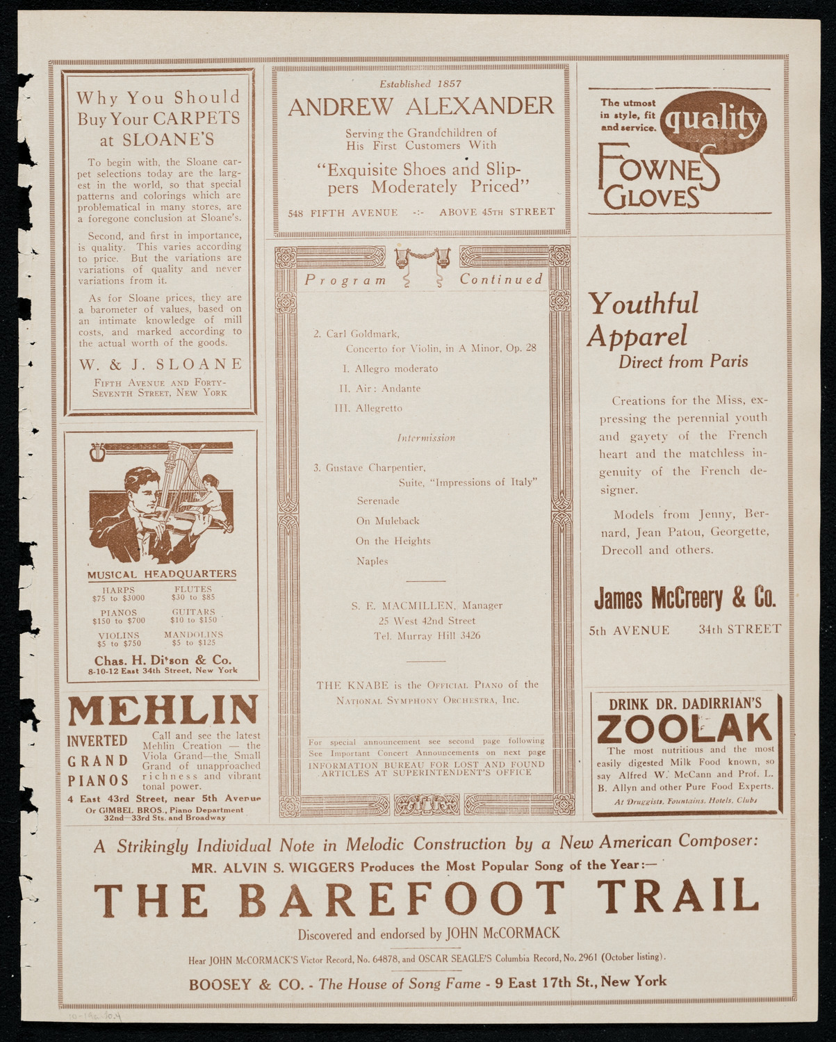 National Symphony Orchestra, October 19, 1920, program page 7