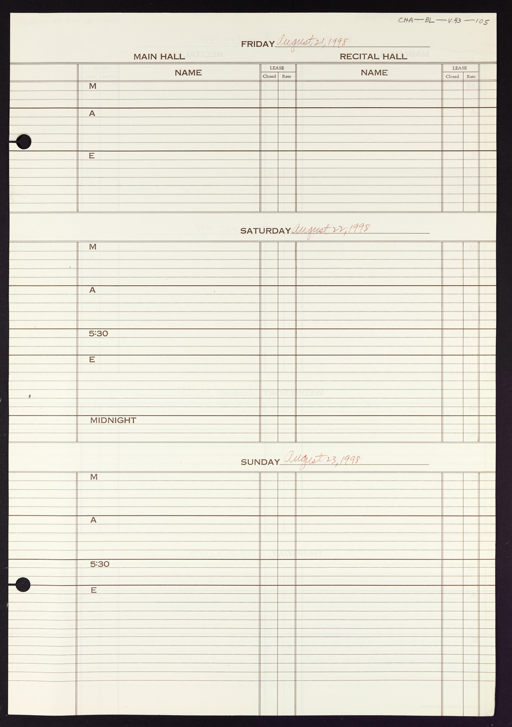 Carnegie Hall Booking Ledger, volume 43, page 105