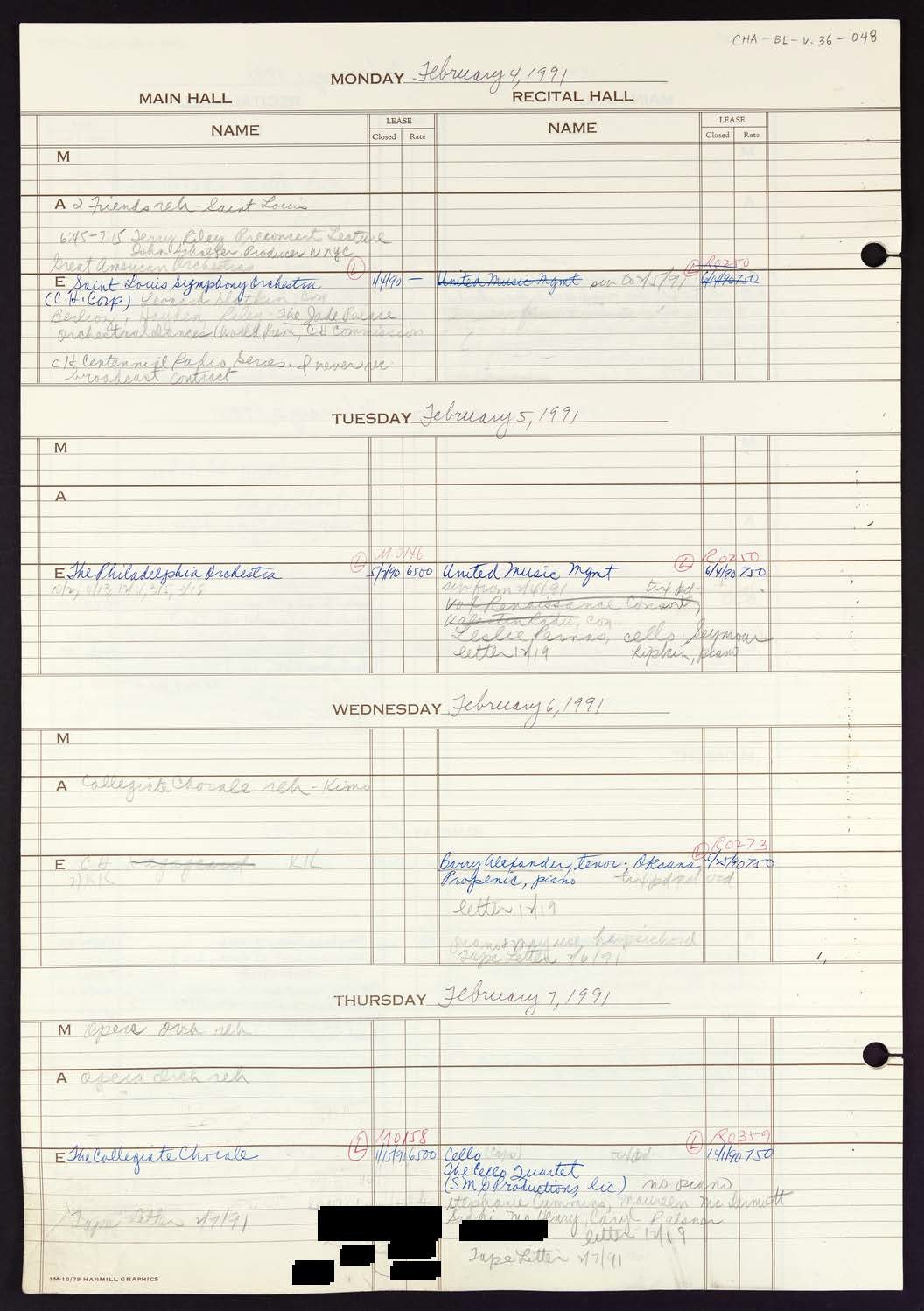 Carnegie Hall Booking Ledger, volume 36, page 48