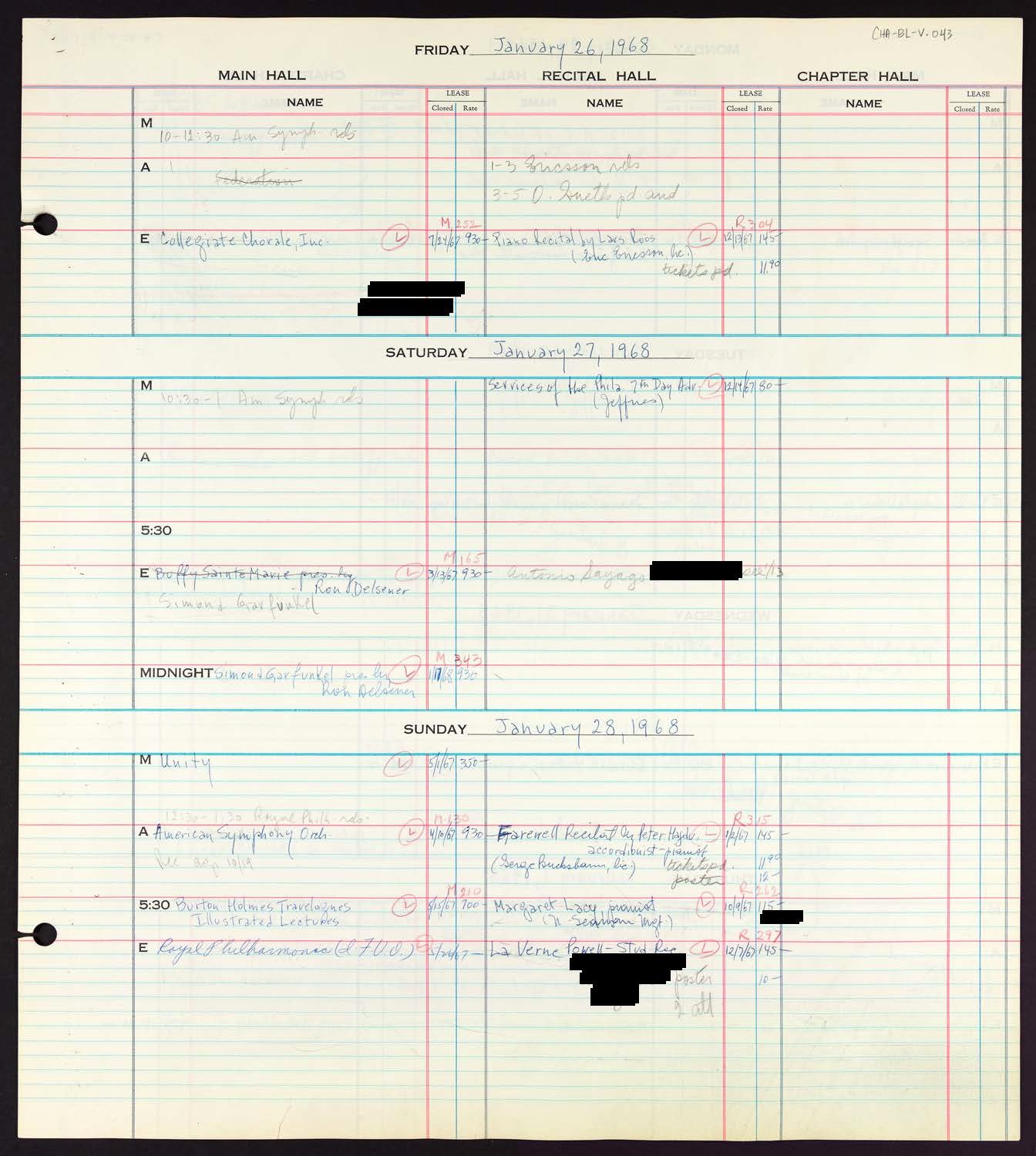 Carnegie Hall Booking Ledger, volume 13, page 43