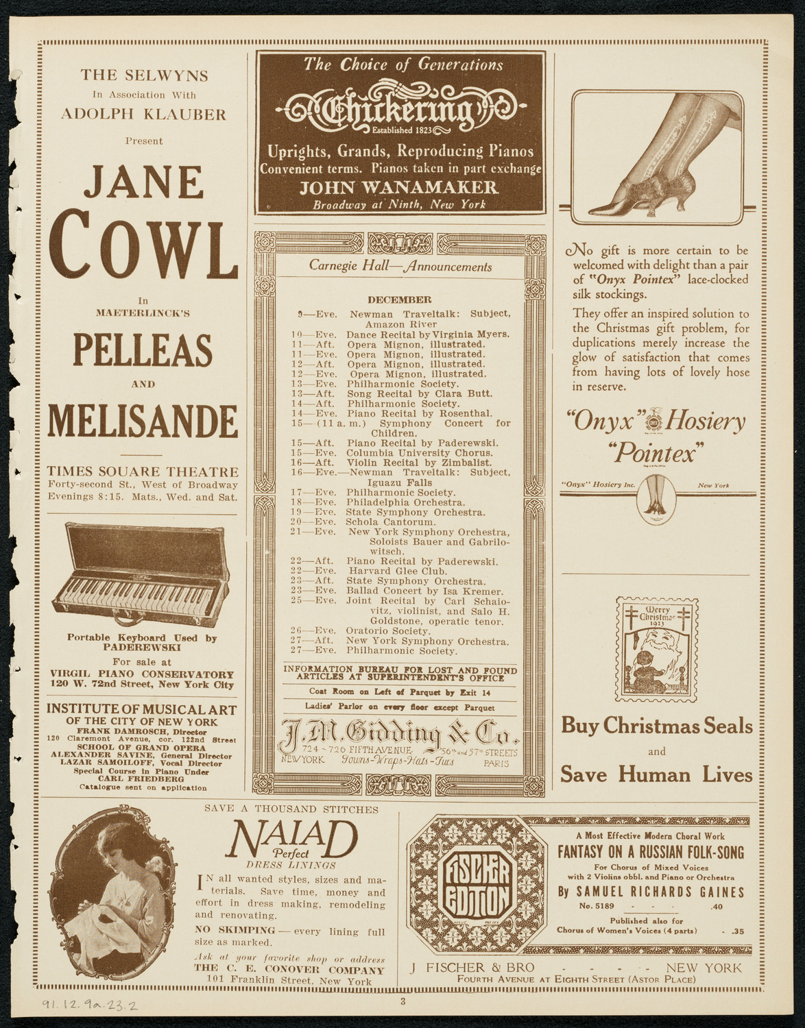 New York Philharmonic, December 9, 1923, program page 3